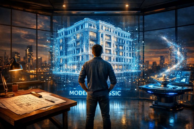 A cinematic, wide-angle shot of a young software architect standing in a futuristic glass studio. In the center, a large, glowing 3D holographic blueprint of a 'Modern Classic' apartment building floats in the air. The blueprint is semi-transparent, showing both structural architectural lines and digital data streams (binary code and circuit patterns) flowing through the walls. To the left, a traditional wooden desk with hand-sketched paper blueprints and a mechanical pencil (representing Design Thinking and Engineering). To the right, a sleek, hovering AI interface with glowing data particles (representing the Aladdin’s Lamp/Genie). The background is a dusk-lit cityscape. The lighting is warm and intellectual, with a mix of amber and electric blue. Highly detailed, 8k resolution, photorealistic, symbolic of human-AI collaboration. create image