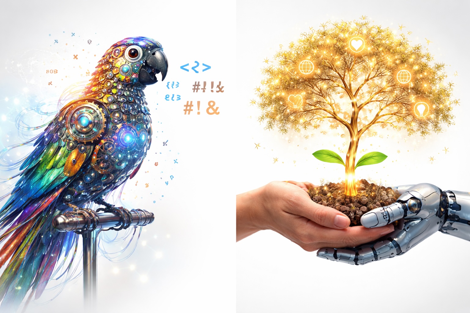 A surreal split-screen composition. On the left side, a colorful mechanical parrot made of clockwork and wires, repeating glowing digital symbols that float in the air (representing syntax without meaning). On the right side, a human hand and a robotic hand together holding a glowing seed that is growing into a complex, golden tree of life (representing shared long-term wisdom and beneficial outcomes). Artistic, clean white background, 3D render style, vibrant colors.