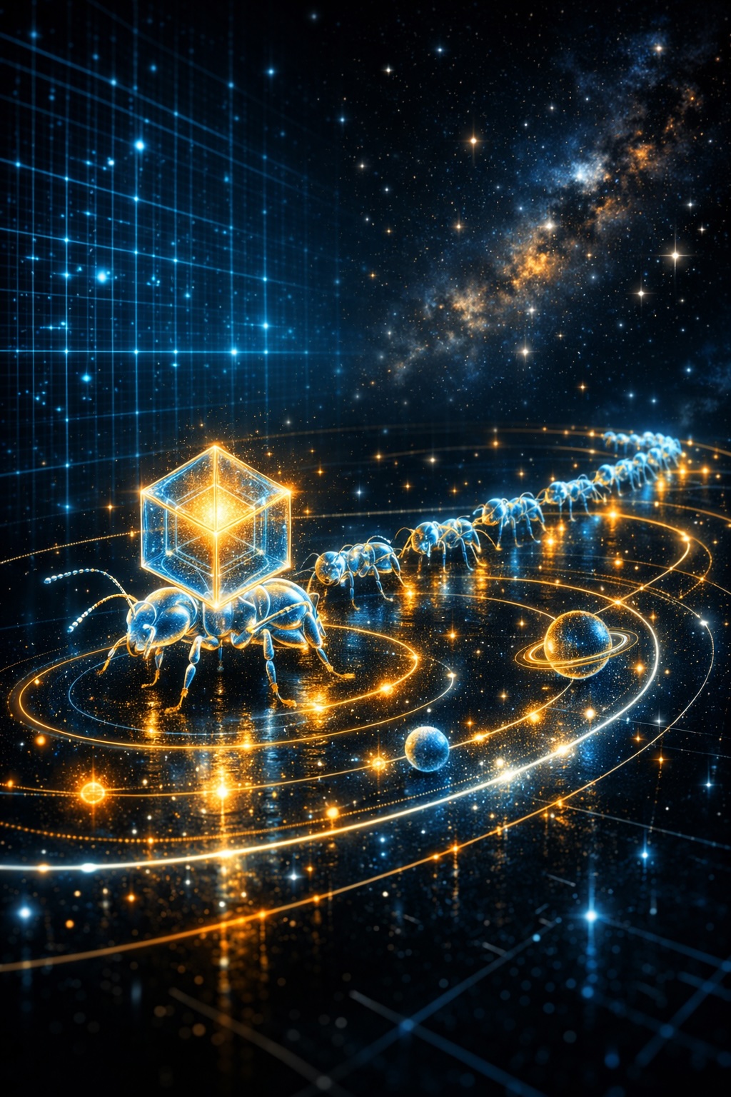 As the ants move, their trails turn into glowing white orbits of planets and stars. The lead ant is carrying a glowing geometric cube (representing a data packet).