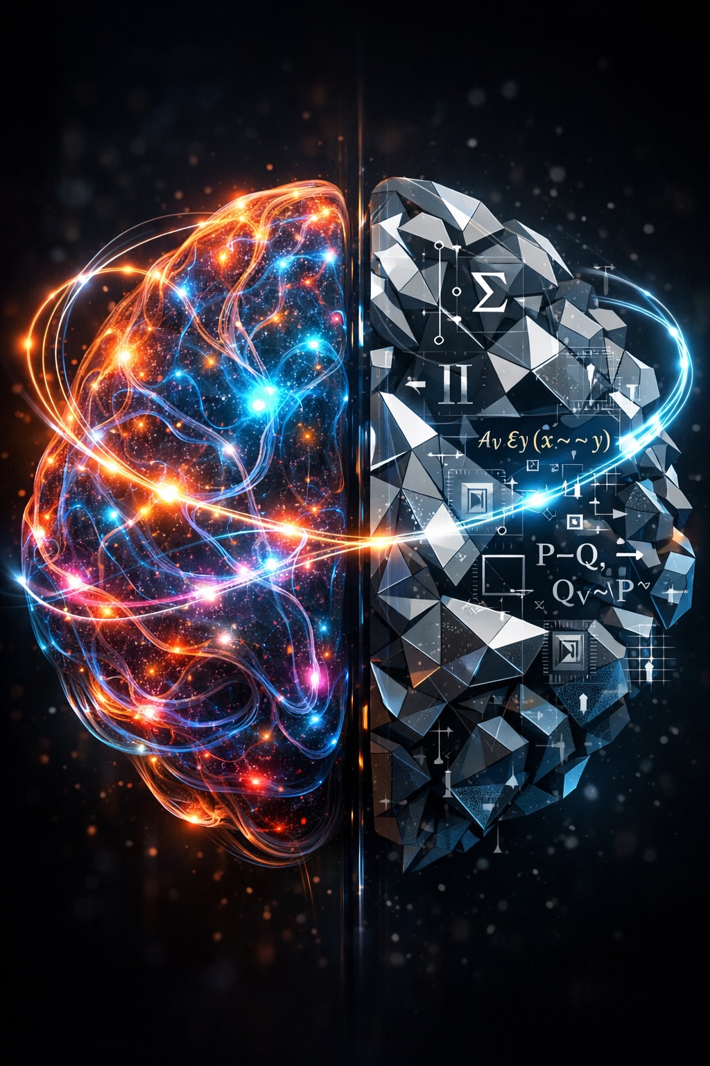 A high-tech digital brain split down the middle. One side is a glowing, fluid neural network (representing Gemini's intuition). The other side is made of rigid, crystalline geometric shapes and formal mathematical symbols (representing Lean's symbolic logic). The two halves are connected by glowing 'feedback loops' of light, dark background, cinematic lighting, 8k resolution.