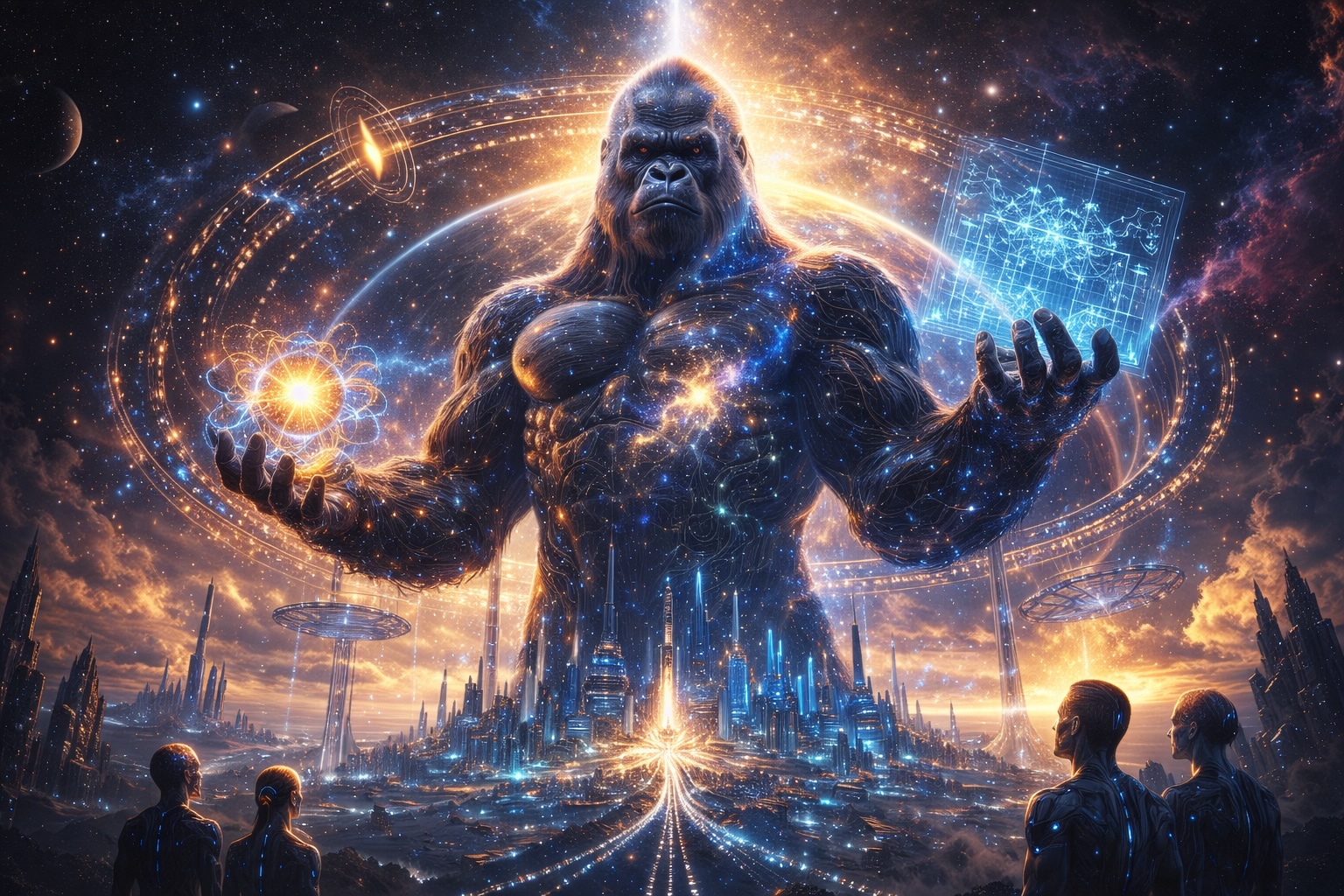A colossal, hyper-intelligent silverback gorilla stands at the apex of reality. He is not merely flesh, but a being of semi-transparent energy and flowing circuitry, with galaxies and nebulae swirling visibly within his chest. In one hand, he holds a pulsing atomic nucleus—a miniature sun of blue and gold plasma, representing mastery of the strong force. In the other hand, he holds a holographic blueprint of a Type I civilization. Behind him, the Earth is transformed: a Dyson swarm of orbital rings and geometric energy harvesters encircles the planet, capturing the full power of its star. On the surface below, crystalline cities grow like organic forests, pulsing with fusion light, connected by beams of coherent energy. Space elevators rise from the equator like threads to the heavens. Around the gorilla's feet, a few upgraded humans stand—their skin traced with subtle silver patterns of biological redesign, synthetic blood glowing faintly at their temples. They look upward not in worship, but in partnership. The sky behind them is split between the deep velvet of space and the warm glow of a nebular sunrise. The scene conveys the phase transition: from biological accident to architectural force. The jungle has become cosmic. Volumetric lighting, 8k resolution, Unreal Engine 5 render, epic majesty, hopeful transcendence, Syd Mead meets sacred geometry.