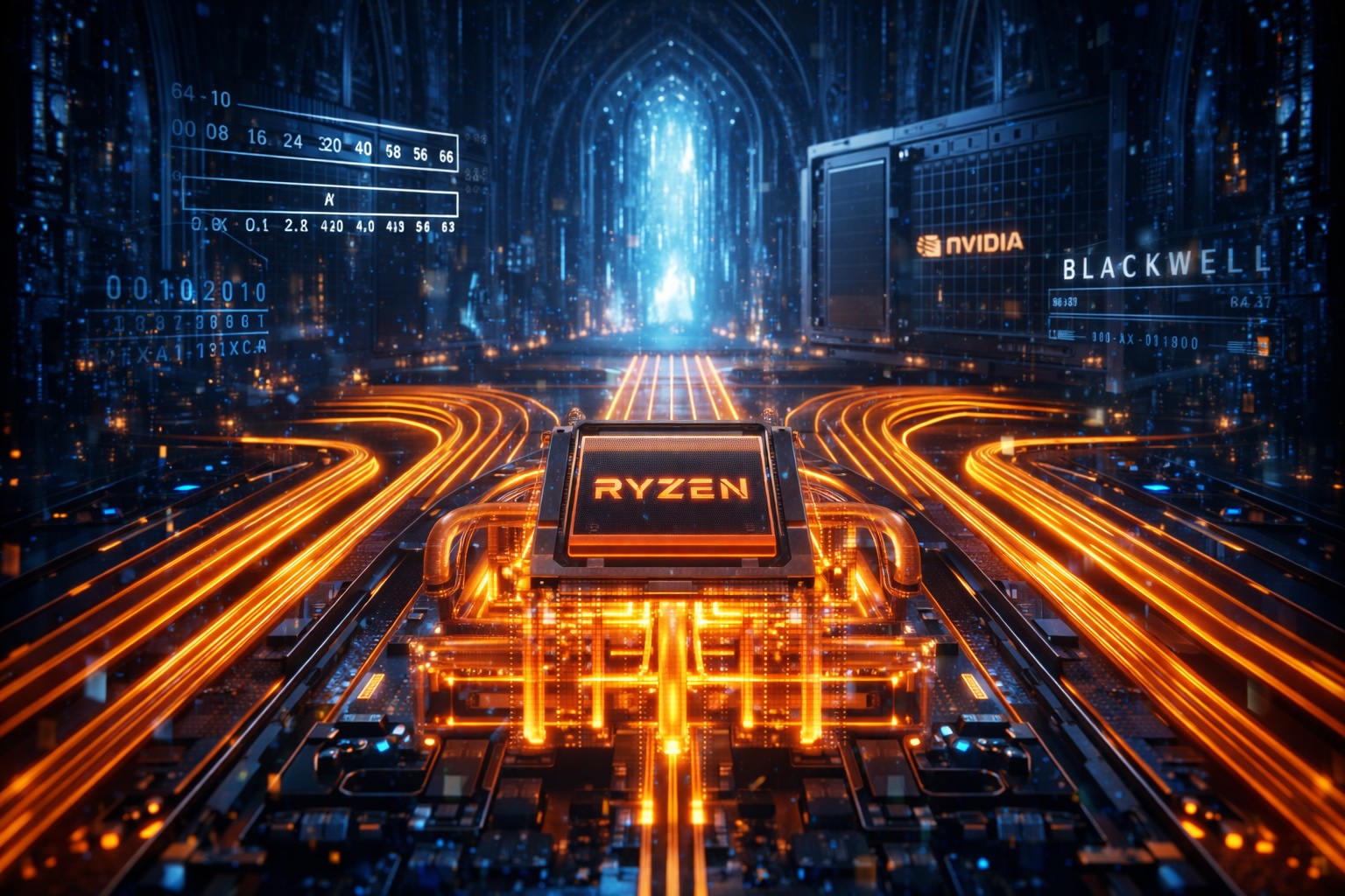 A hyper-realistic 3D render of a futuristic 'Digital Cathedral' inside a computer. The central altar is a glowing AMD Ryzen processor with orange light pulsing through transparent liquid cooling. Golden PCIe data highways extend toward an massive NVIDIA Blackwell GPU in the background. The atmosphere is filled with floating holographic binary code and 64-bit register diagrams. Cinematic lighting, deep blues and vibrant ambers, 8k resolution, highly detailed textures.