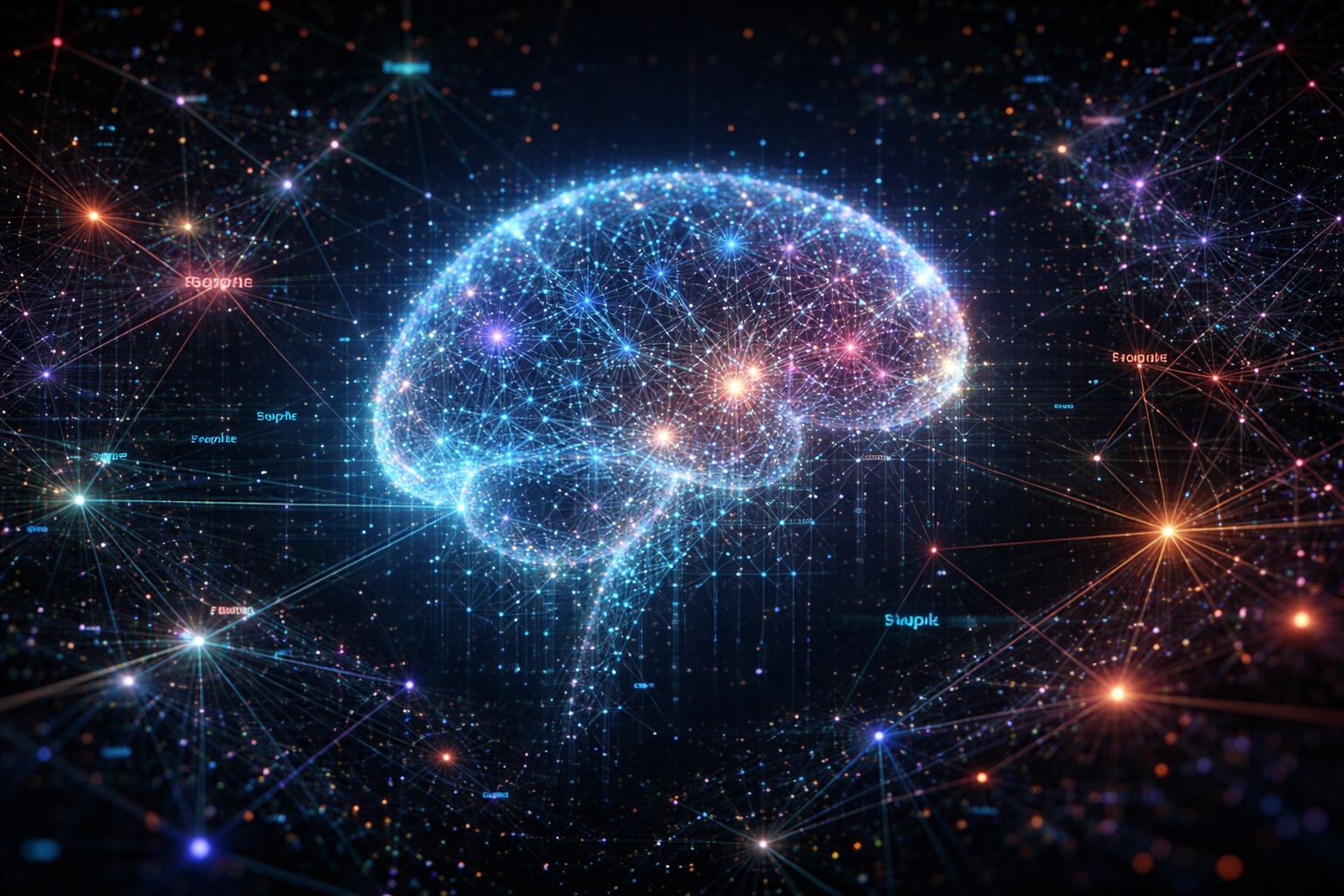 A hyper-detailed 3D visualization of "Latent Space," featuring a vast, dark void filled with millions of glowing, interconnected nodes representing words. Thin, neon-colored laser lines connect related clusters (like "apple" and "fruit"). In the center, a translucent human brain silhouette is formed entirely by these glowing data points and mathematical arrays. Cinematic lighting, 8k resolution, cyberpunk aesthetic.