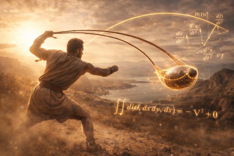 A hyper-realistic, cinematic wide shot of an ancient Balearic slinger on a dusty Mediterranean hillside. He is in mid-motion, muscles tensed, swinging a braided sling. Superimposed over the scene are glowing, translucent golden mathematical diagrams: a parabolic arc trajectory, calculus derivatives ( ), and a 3D triple integral mesh scanning the lead bullet in the pouch. The lighting is "golden hour" sunset, epic atmosphere, 8k resolution, historical epic style.