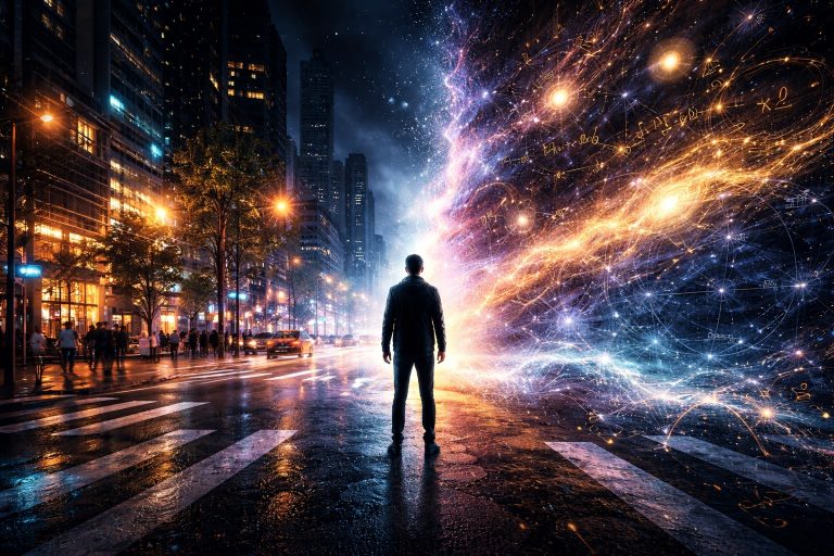 A high-contrast, cinematic wide shot of a human silhouette standing at the intersection of a modern city street and a surreal cosmic dreamscape. The left side of the image shows a realistic urban environment with subtle 'glitch' effects and glowing highlights on specific objects (representing Selective Attention). The right side dissolves into a fluid, ethereal landscape of glowing mathematical equations, celestial maps, and neural networks (representing Ramanujan and Feynman’s subconscious). The color palette blends deep midnight blues and purples with vibrant gold and neon accents. Hyper-detailed, 8k resolution, evoking a sense of 'The Matrix' meets 'Inception' architecture.