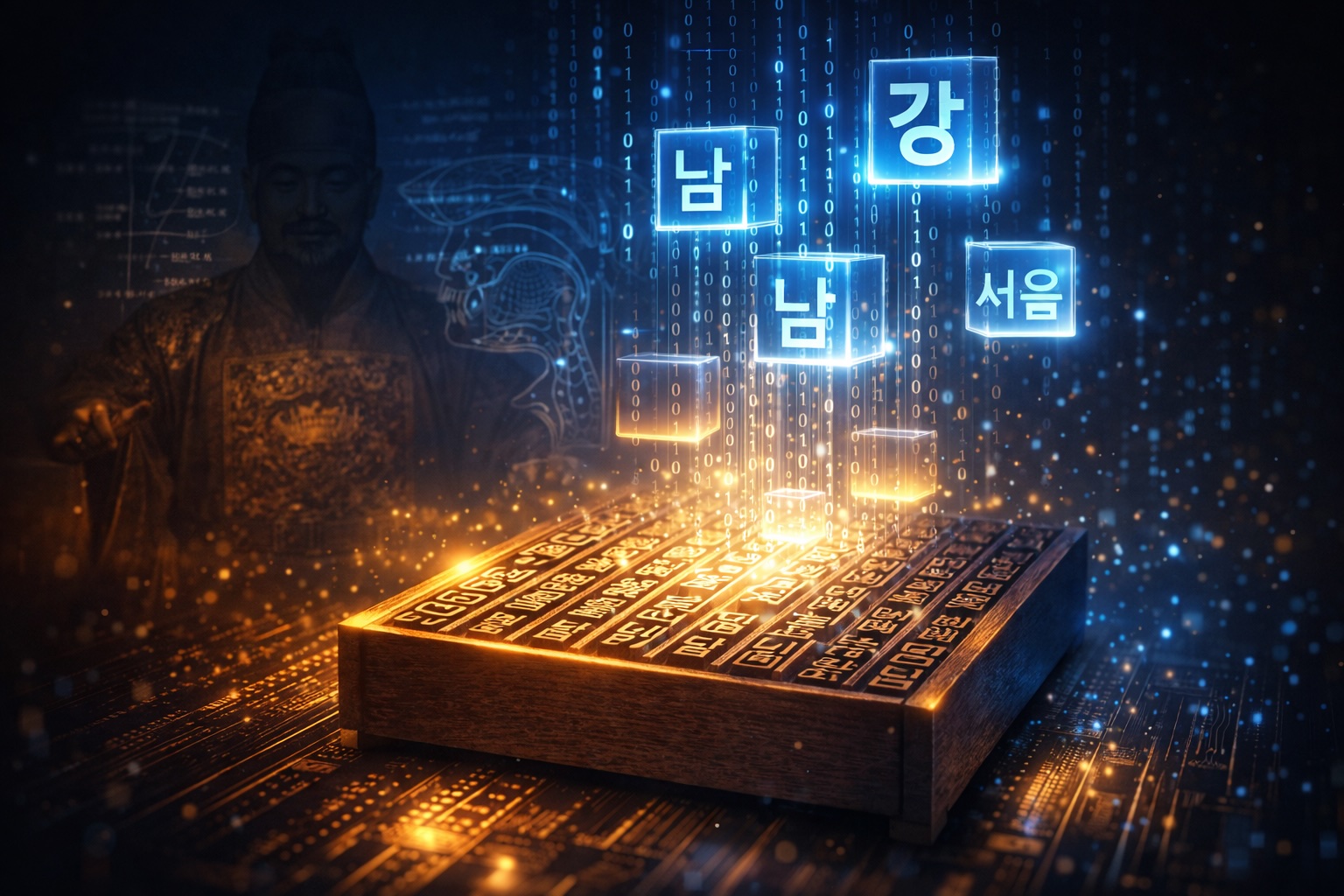 A high-quality, cinematic conceptual illustration. In the center, a traditional 15th-century Korean wooden printing block of Hangeul characters glows with a soft golden light. From the block, modern digital binary code and glowing blue holographic "syllable blocks" (like 강, 남, 서울) float upwards, transforming into sleek, futuristic 3D letters. In the background, a subtle silhouette of King Sejong the Great is overlaid with a technical, anatomical diagram of a human mouth showing how the letters are formed. The color palette transitions from warm, historical wood tones at the bottom to cool, high-tech neon blues at the top. 4k resolution, clean composition, professional lighting.