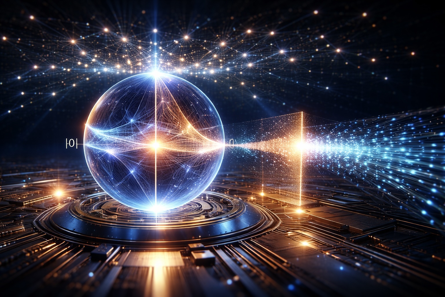 A high-tech, cinematic conceptual visualization of a quantum processor. In the center, a glowing translucent sphere (the Bloch Sphere) represents a single qubit, with shimmering wave-like 'interference' patterns inside it. To the side, a stream of glowing particles is seen 'tunneling' through a solid energy barrier, appearing as fading blue light (exponential decay) that reappears on the other side. The background is a vast, dark digital void filled with a dense, interconnected web of light representing 300 entangled qubits. The aesthetic is sleek and futuristic, with neon blue, deep violet, and gold accents. 8k resolution, photorealistic physics, ethereal lighting.