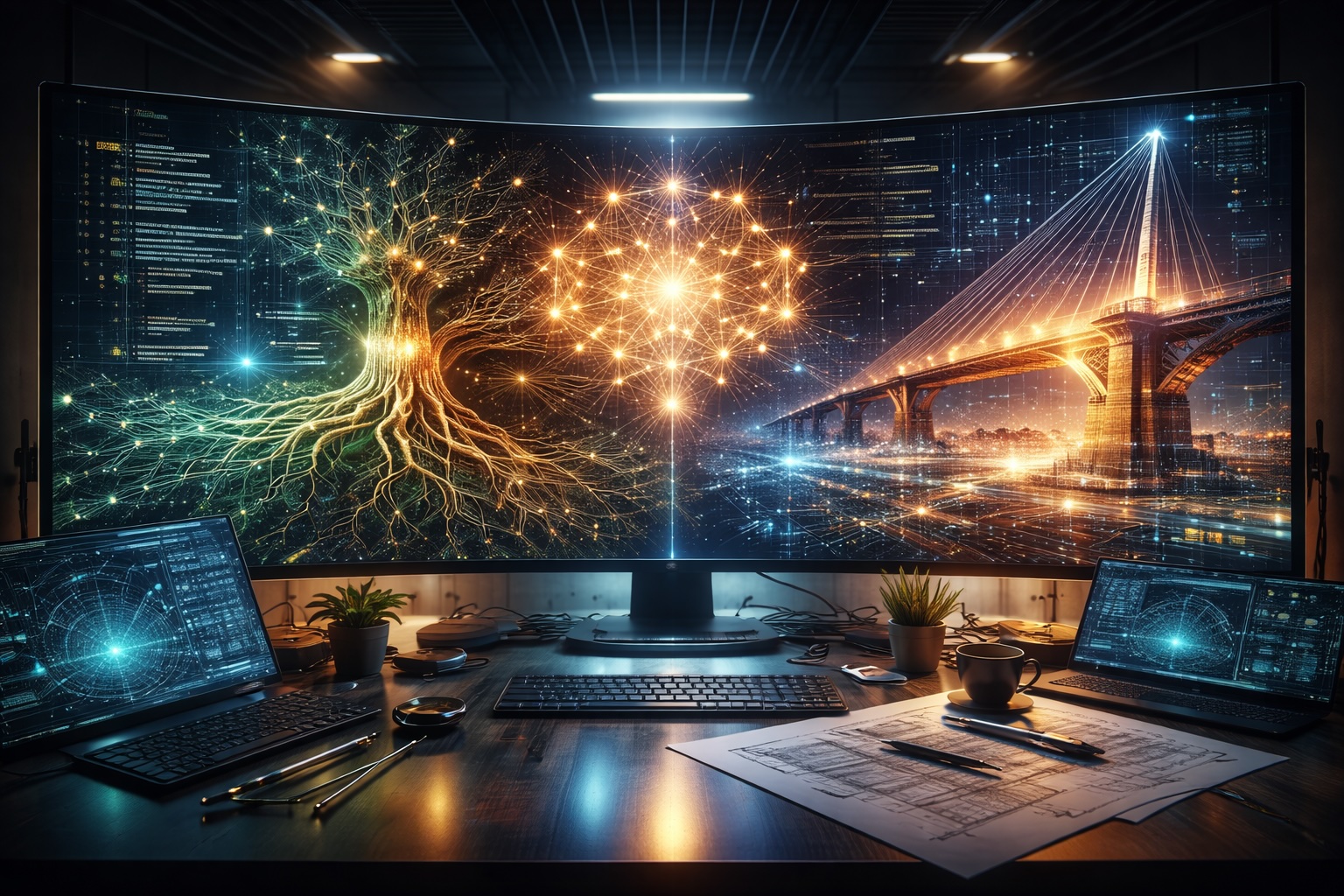 A cinematic, high-detail wide shot of a futuristic Architect workstation. A large holographic display shows complex 3D code structures that are morphing into organic tree roots on one side and a glowing architectural cantilever bridge on the other. In the center, a neural network constellation glows with golden light. The atmosphere is dark, professional, and sophisticated with teal and amber accents. Hyper-realistic, 8k resolution, symbolizing cross-domain synthesis