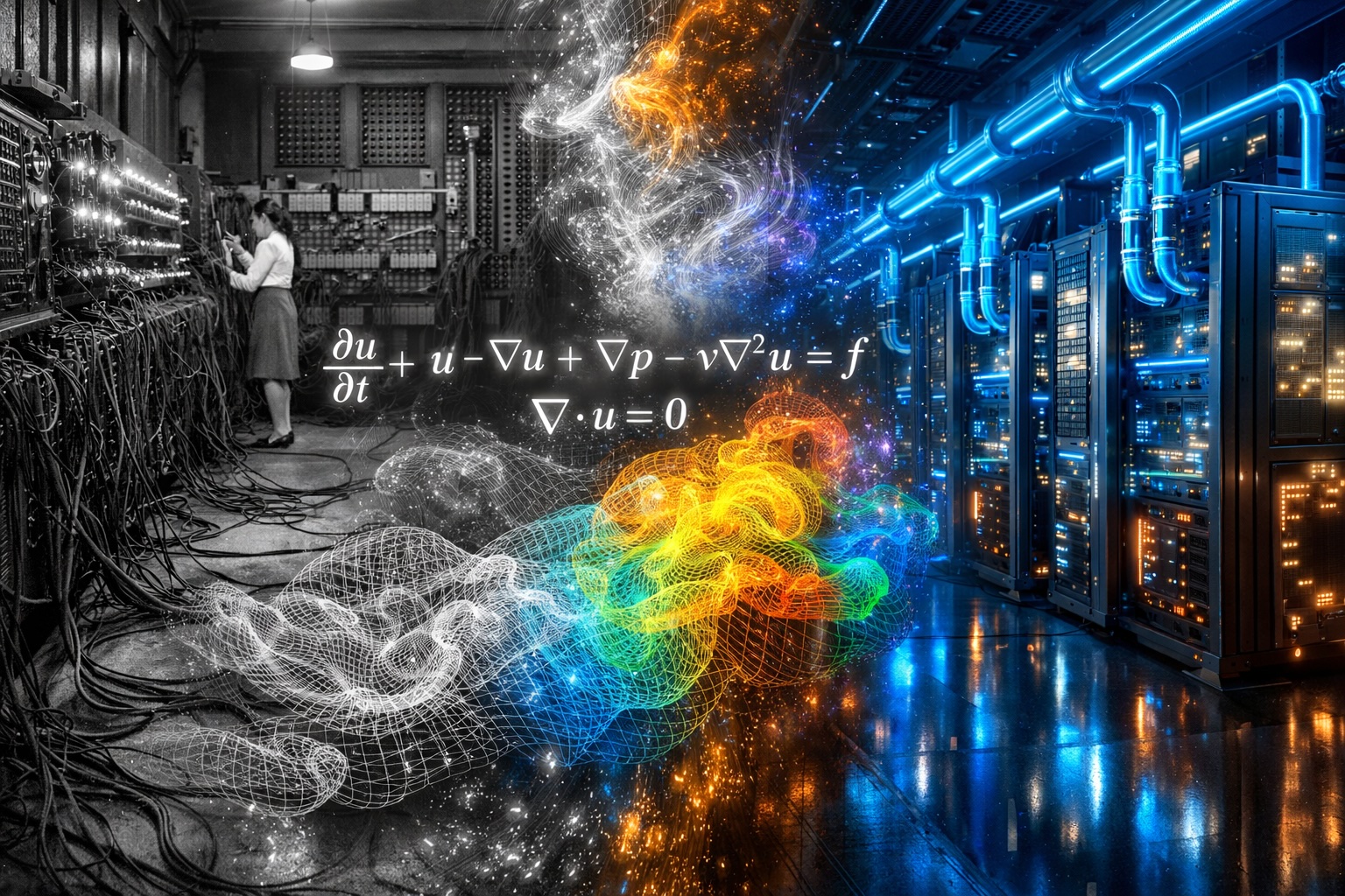 A cinematic, split-screen composition. On the left side, a gritty, black-and-white 1945 laboratory with the ENIAC computer, featuring glowing vacuum tubes and a complex web of patch cables. On the right side, a vibrant, modern 2026 supercomputer data center with neon blue liquid-cooling pipes. Flowing through the center, connecting both eras, are glowing mathematical equations of the Navier-Stokes formula and 3D colorful turbulent fluid wireframes. 8k resolution, highly detailed, photorealistic.