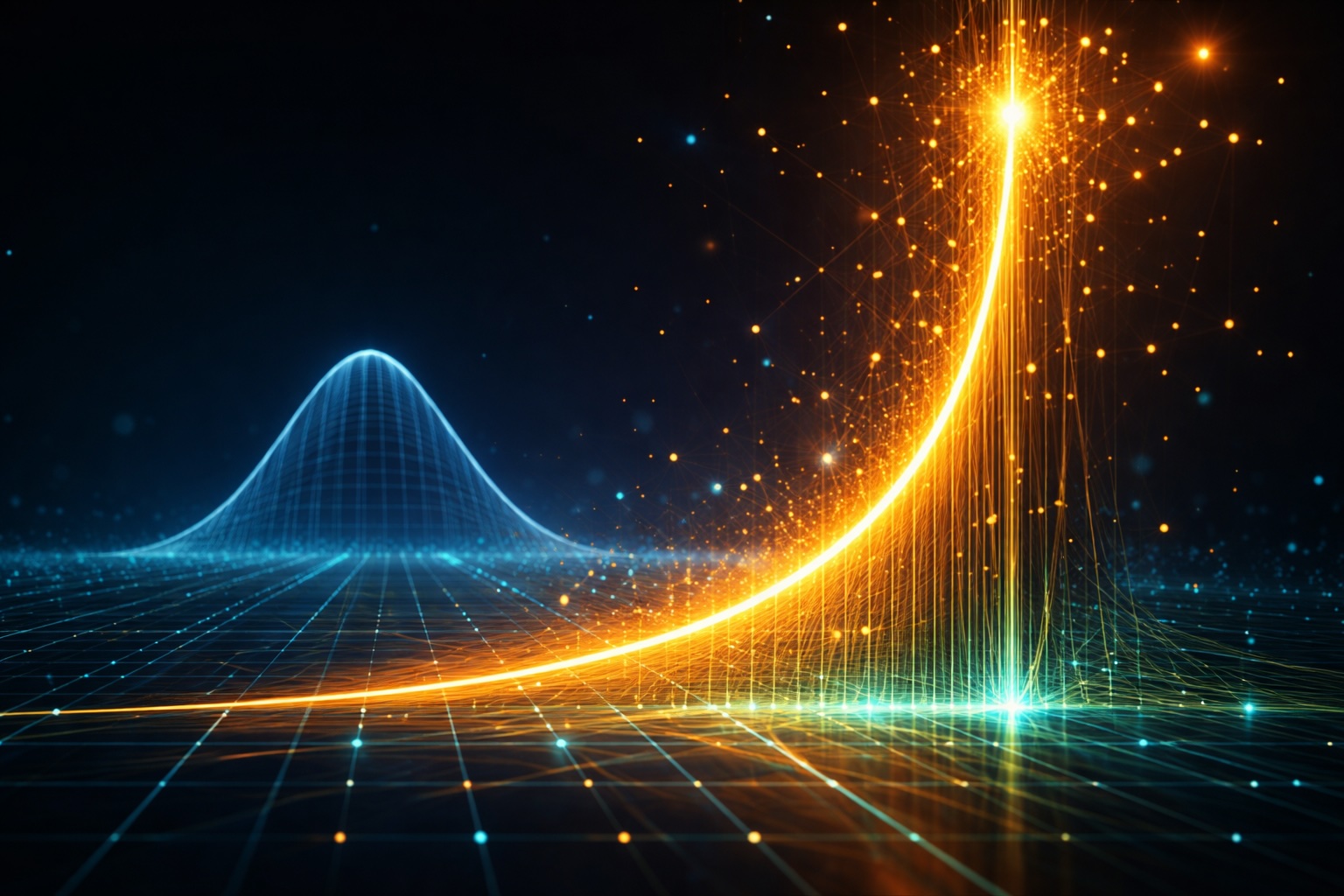 A high-tech, cinematic 3D visualization of two mathematical curves on a glowing dark grid. In the foreground, a faded, dim "Bell Curve" (Normal Distribution). In the background, a brilliant, neon-gold "Power Law" curve that starts low and then explodes vertically into a network of glowing nodes and data points. Style: futuristic, clean, 4k resolution, Unreal Engine 5 render, deep blues and vibrant golds.