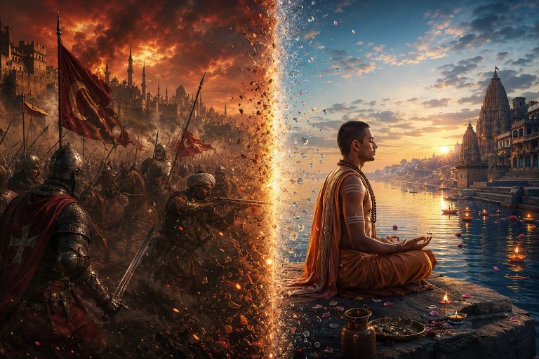A striking, highly symbolic split-screen cinematic masterwork exploring the duality of human history: the external theater of power versus the internal landscape of peace. On the left side, a dramatic, dark, atmosphere-heavy battle scene from world history; ancient fortress walls are shrouded in smoke and dust, silhouettes of medieval knights with banners, Ottoman warriors with early firearms, and distant desert minarets and temple spires clash under a stormy, deep crimson and amber sky, representing the human struggle for territorial control and institutional religion. On the right side, seamlessly transitioning across a subtle glowing central line of light, the scene shifts into absolute tranquility: a side-profile of a serene ancient Indian sage (like Adi Shankaracharya) sitting in deep meditation on the stone ghats of Varanasi by the edge of a vast, mirror-calm river, illuminated by the soft, soft gold and ethereal blue light of dawn. The chaotic, fiery embers from the left side morph and dissolve into glowing, peaceful water droplets and floating lotus petals on the right side, visually illustrating the transformation of chaotic worldly ego into an undivided, cosmic ocean of consciousness. Photorealistic, hyper-detailed textures, volumetric lighting, cinematic color grading, 8k resolution, masterful visual storytelling, reminiscent of high-end historical epic concept art.