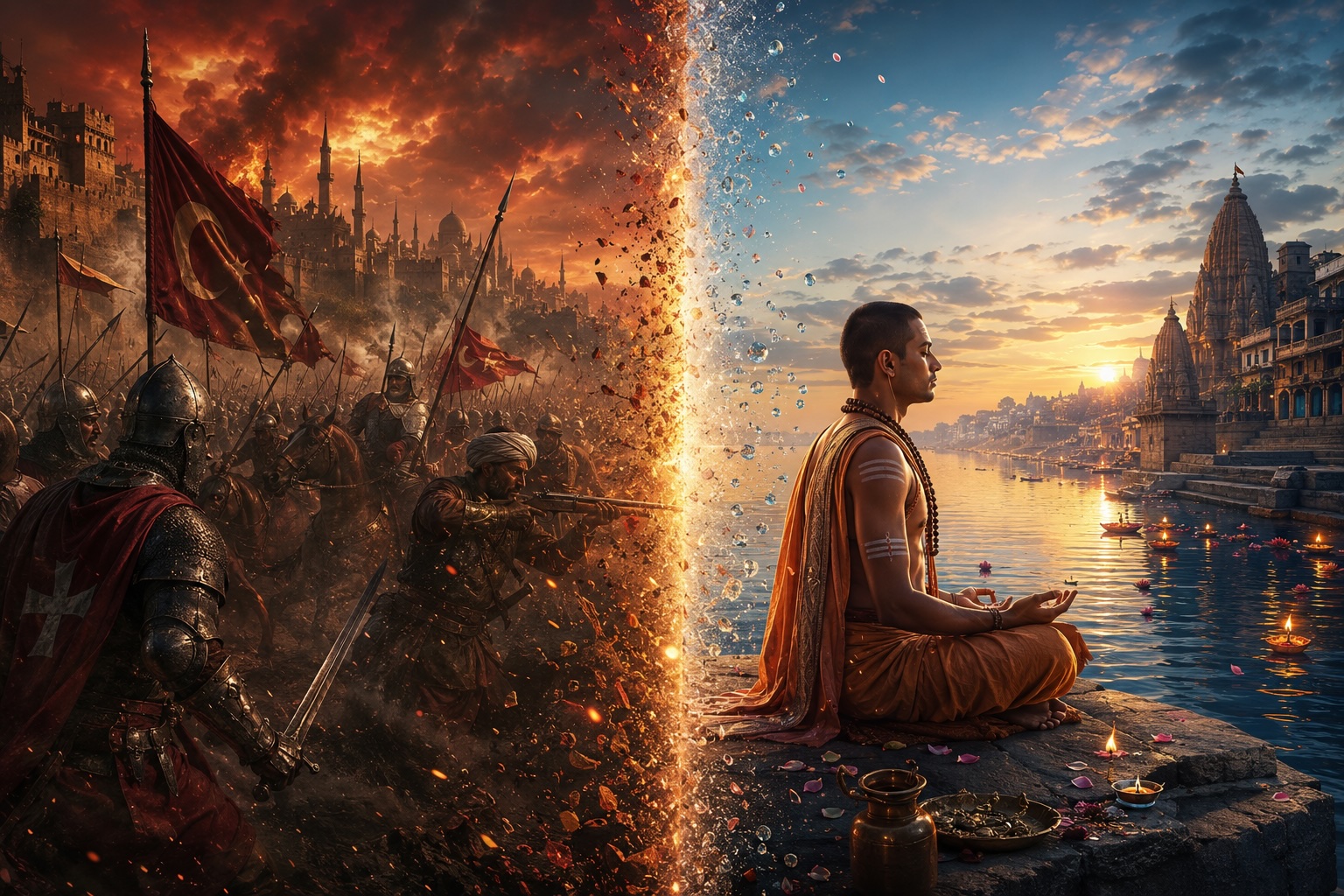 A striking, highly symbolic split-screen cinematic masterwork exploring the duality of human history: the external theater of power versus the internal landscape of peace. On the left side, a dramatic, dark, atmosphere-heavy battle scene from world history; ancient fortress walls are shrouded in smoke and dust, silhouettes of medieval knights with banners, Ottoman warriors with early firearms, and distant desert minarets and temple spires clash under a stormy, deep crimson and amber sky, representing the human struggle for territorial control and institutional religion. On the right side, seamlessly transitioning across a subtle glowing central line of light, the scene shifts into absolute tranquility: a side-profile of a serene ancient Indian sage (like Adi Shankaracharya) sitting in deep meditation on the stone ghats of Varanasi by the edge of a vast, mirror-calm river, illuminated by the soft, soft gold and ethereal blue light of dawn. The chaotic, fiery embers from the left side morph and dissolve into glowing, peaceful water droplets and floating lotus petals on the right side, visually illustrating the transformation of chaotic worldly ego into an undivided, cosmic ocean of consciousness. Photorealistic, hyper-detailed textures, volumetric lighting, cinematic color grading, 8k resolution, masterful visual storytelling, reminiscent of high-end historical epic concept art.