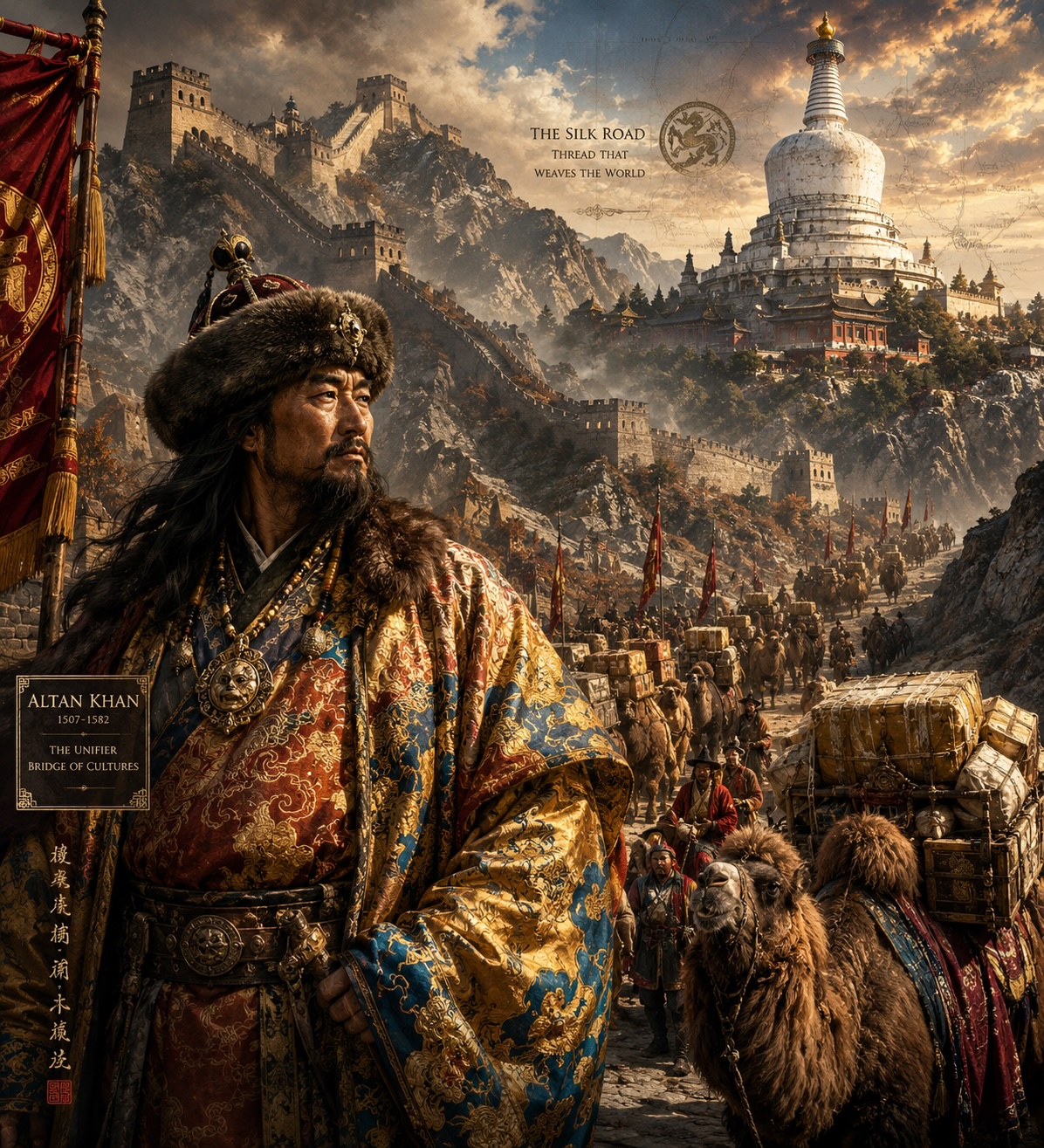 An epic, cinematic historical illustration capturing the convergence of cultures along the ancient Silk Road. In the foreground, a prominent, powerful 16th-century Mongol leader, Altan Khan, is clad in magnificent, shimmering robes of woven Chinese silk brocade, gazing strategically into the distance. Behind him, a massive caravan of Bactrian camels loaded with luxurious crates of silk journeys through a dramatic mountain pass. In the upper background, the scene transitions into a grand, stylized montage featuring the massive stone watchtowers of the Great Wall of China winding along rugged peaks on one side, and the towering white dome of the iconic White Stupa of Beijing under a dramatic sky on the other. Rich color palette with deep gold, crimson, and imperial blue accents, highly detailed textures on fabrics and stone, dramatic lighting highlighting a sweeping epic landscape.