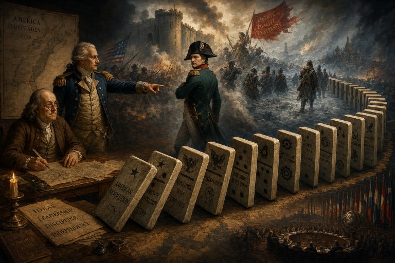 A grand, cinematic allegorical history painting illustrating a 150-year global chain reaction. On the left side of a dark, atmospheric war room, an elderly Benjamin Franklin in a simple brown coat sits at a desk, looking up from an ink-stained parchment paper. Standing beside him, the Prussian officer Friedrich Wilhelm von Steuben in a blue Continental Army uniform points forward toward a map. In the center, a monumental row of large, stone-carved dominoes winds across the scene, sequentially falling over. Standing further down the line of falling dominoes is a defiant Napoleon Bonaparte in his iconic green uniform and bicorn hat, looking back over his shoulder. The background features dramatic swirling smoke that blends into faint, ghostly silhouettes of the storming of the Bastille, the snows of Moscow, and a crimson revolutionary flag. Rich chiaroscuro lighting with deep shadows and warm amber highlights, evoking an epic historical narrative.