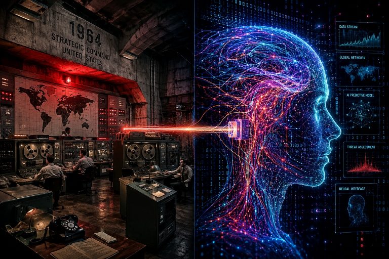 A split-screen double-exposure style artwork. On the left side, a stark, dramatic 1960s concrete military command bunker with analog computer reels and a world map under a red warning light. On the right side, the silhouette of a modern human head made of glowing neon fiber-optic cables, digital matrices, and streaming binary data. A single unbroken, glowing data line connects the vintage bunker directly into the center of the digital brain. Cinematic lighting, cyberpunk meets cold war aesthetics, high contrast, intricate detail, 8k resolution.