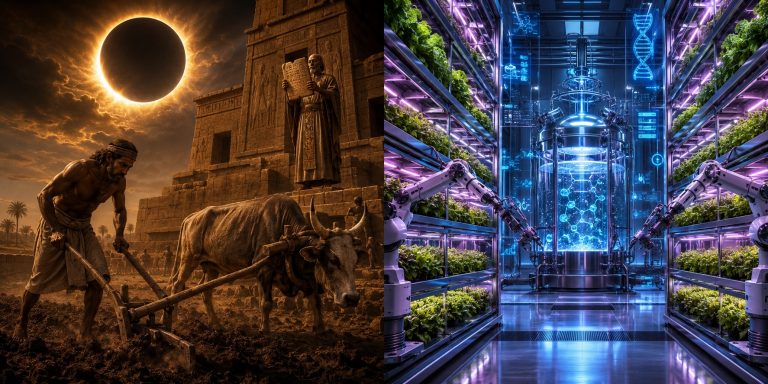 A dramatic, cinematic split-screen conceptual artwork divided perfectly down the center, contrasting the ancient origins of agriculture with its hyper-technological future.Left Side (The Ancient World): A sun-drenched, dusty atmosphere set in an ancient Mesopotamian or Egyptian temple field around 1000 BCE. An ancient farmer in simple linen garments manually works the heavy, dark soil using a primitive wooden and iron plow pulled by an ox. In the background, an imposing stone temple rises beneath a massive, visually striking solar eclipse that darkens the sky, casting a dramatic, eerie golden ring of light over the scene. A priest stands elevated on the temple steps, holding an ancient clay tablet with cuneiform inscriptions.Right Side (The Futuristic World): A pristine, high-tech, ultra-modern indoor vertical farm set in a sterile, pharmaceutical-grade facility in 2050. Symmetrical towers of vibrant green crops and leafy vegetables grow stacked vertically in high-density automated shelves, bathed in a clean, futuristic magenta and blue LED glow. Autonomous mechanical robotic arms delicately adjust the plants, while glowing holographic data streams and molecular DNA structures float in the air. In the background, a massive, gleaming stainless-steel bioreactor tank is visible through a clean glass partition, with glowing liquid nutrients inside it.Aesthetic Style: Hyper-realistic, high contrast, visually striking juxtaposed color palettes (warm, dusty golden sepia on the left vs. crisp, vibrant neon cyberpunk blue and purple tones on the right). Sharp focus, intricate textures on both the ancient stone/dirt and the futuristic polished steel/glass, captured in 8k resolution, suitable for a premium historical and scientific blog header.