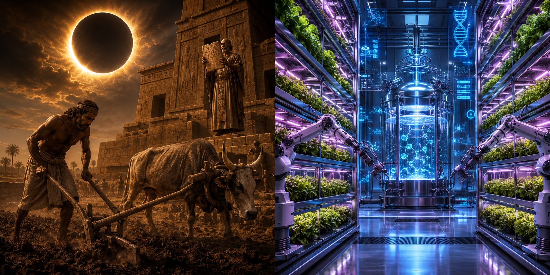 A dramatic, cinematic split-screen conceptual artwork divided perfectly down the center, contrasting the ancient origins of agriculture with its hyper-technological future.Left Side (The Ancient World): A sun-drenched, dusty atmosphere set in an ancient Mesopotamian or Egyptian temple field around 1000 BCE. An ancient farmer in simple linen garments manually works the heavy, dark soil using a primitive wooden and iron plow pulled by an ox. In the background, an imposing stone temple rises beneath a massive, visually striking solar eclipse that darkens the sky, casting a dramatic, eerie golden ring of light over the scene. A priest stands elevated on the temple steps, holding an ancient clay tablet with cuneiform inscriptions.Right Side (The Futuristic World): A pristine, high-tech, ultra-modern indoor vertical farm set in a sterile, pharmaceutical-grade facility in 2050. Symmetrical towers of vibrant green crops and leafy vegetables grow stacked vertically in high-density automated shelves, bathed in a clean, futuristic magenta and blue LED glow. Autonomous mechanical robotic arms delicately adjust the plants, while glowing holographic data streams and molecular DNA structures float in the air. In the background, a massive, gleaming stainless-steel bioreactor tank is visible through a clean glass partition, with glowing liquid nutrients inside it.Aesthetic Style: Hyper-realistic, high contrast, visually striking juxtaposed color palettes (warm, dusty golden sepia on the left vs. crisp, vibrant neon cyberpunk blue and purple tones on the right). Sharp focus, intricate textures on both the ancient stone/dirt and the futuristic polished steel/glass, captured in 8k resolution, suitable for a premium historical and scientific blog header.