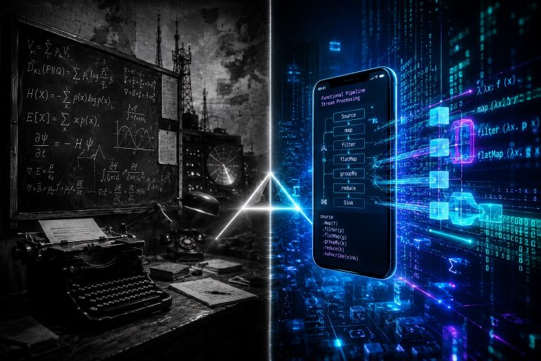 Cinematic, thought-provoking editorial illustration split down the center by a sharp, glowing geometric line. On the left side: a moody, black-and-white historical atmosphere representing mid-20th century Europe, featuring a classic wooden chalkboard filled with complex handwritten abstract mathematical equations, a vintage typewriter, and faint, dramatic silhouettes of retro geopolitical elements like radio towers and radar screens. On the right side: a vibrant, hyper-modern digital cyberscape glowing with neon blues, teals, and purples, showing a smartphone floating seamlessly in mid-air with intricate 3D functional programming data pipelines and glowing matrix vectors radiating from its screen. The glowing line down the middle transforms from a chalk stroke on the left into a crisp laser beam on the right, perfectly unifying the two eras. Masterpiece quality, high-contrast lighting, 8k resolution, dramatic depth of field, tech-noir and historical-thriller aesthetic.