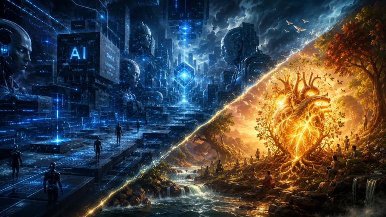 A surreal conceptual artwork split diagonally into two contrasting worlds. On the top-left side, a cold, monolithic, futuristic metropolis made of glowing blue digital circuits, rigid geometric matrices, and robotic metallic structures representing AI and abstract rules. On the bottom-right side, a warm, organic human landscape filled with soft textures, vibrant earthy colors, flowing water, and a glowing, compassionate human heart symbol made of pure light and roots representing empathy and care. High contrast, cinematic lighting, conceptual art, 8k resolution, thought-provoking composition. --ar 16:9