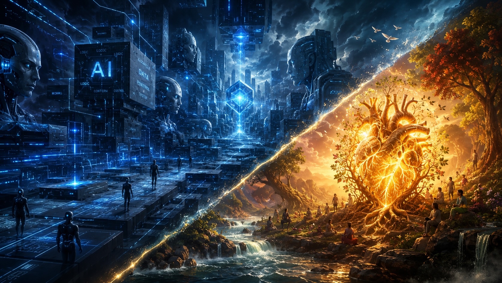 A surreal conceptual artwork split diagonally into two contrasting worlds. On the top-left side, a cold, monolithic, futuristic metropolis made of glowing blue digital circuits, rigid geometric matrices, and robotic metallic structures representing AI and abstract rules. On the bottom-right side, a warm, organic human landscape filled with soft textures, vibrant earthy colors, flowing water, and a glowing, compassionate human heart symbol made of pure light and roots representing empathy and care. High contrast, cinematic lighting, conceptual art, 8k resolution, thought-provoking composition. --ar 16:9
