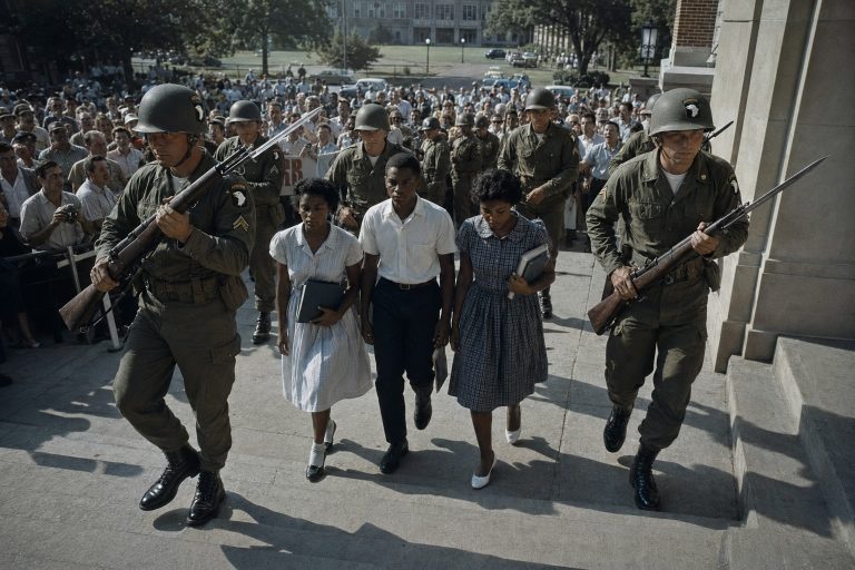 Cinematic historical photograph of the 1957 Little Rock integration crisis.Subject: In the center, a group of three African American teenagers (two girls in neat 1950s dresses, one boy in a pressed button-down shirt) walk with solemn, intense dignity up the wide concrete steps of a grand, neoclassical brick high school.The Guard: Flanking the students closely in a protective V-formation are elite U.S. Army soldiers from the 101st Airborne Division. The soldiers wear pristine, olive-drab combat uniforms, polished jump boots, and M1 helmets featuring a distinct white Screaming Eagle patch on the side. They hold M1 Garand rifles with long, gleaming, fixed steel bayonets held at a firm, non-lethal defensive angle.Background: In the blurred mid-ground background, an angry, chaotic crowd of white adults is being firmly pushed back behind a military skirmish line. The atmosphere is tense and dramatic.Lighting & Style: Bright, harsh morning sunlight cuts across the scene, casting long, sharp dramatic shadows on the concrete steps. The image style is a photorealistic, high-contrast film-still with a desaturated color palette, mimicking a high-end 35mm color documentary photograph from the late 1950s. High texture detail on the polished leather boots, concrete steps, and cold steel bayonets.