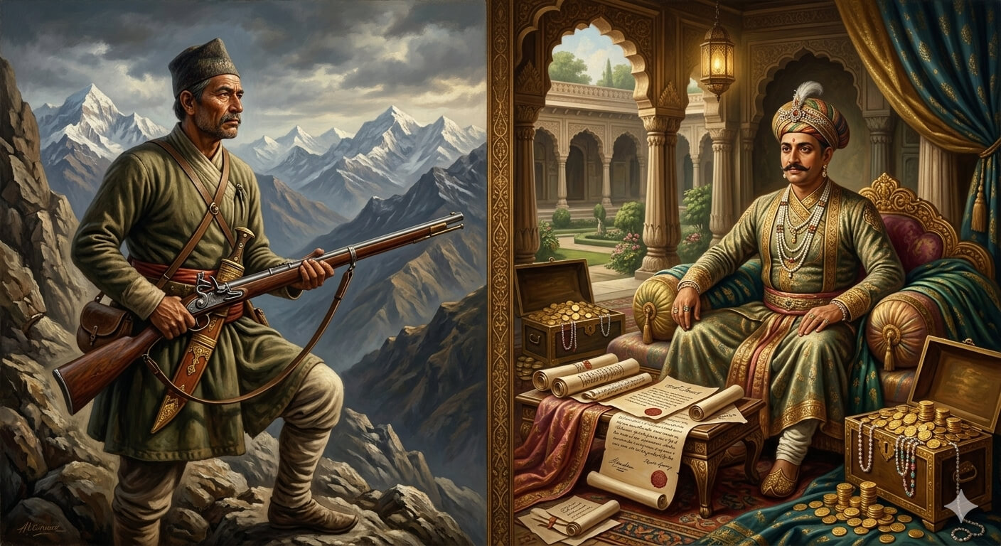 A dramatic historical split-screen illustration. On the left side, an 18th-century Gorkhali soldier in traditional clothing holding a Khukuri and a flintlock musket, overlooking the rugged mountains of Nepal. On the right side, an ultra-wealthy 18th-century Indian merchant-banker (Jagat Seth) sitting regally inside a grand, opulent palace courtyard filled with chests of gold coins, luxury silk textiles, and hand-written Hundi paper scrolls. Rich textures, cinematic lighting, oil painting style, highly detailed, historical accuracy, 8k resolution.
