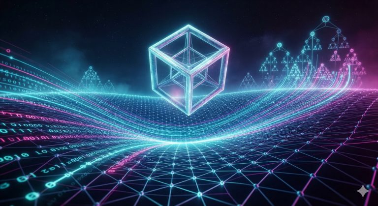 A surreal, cinematic 3D digital art piece illustrating advanced mathematical AI geometry. The central focus is a glowing, translucent 4D hypercube (tesseract) floating above a vastly expanding landscape. Below it, the ground is shaped like a hyper-detailed, neon-glowing mathematical lattice network that smoothly curves like a saddle or a Pringles potato chip, symbolizing a hyperbolic metric space. Vibrant streams of binary data and light vectors bend and wrap along the curved terrain, flowing toward complex, glowing hierarchical tree nodes at the horizon. The atmosphere is deep space cyberpunk, using a color palette of deep obsidian, electric blue, and synthwave magenta. Hyper-focused, clean geometric lines, cinematic lighting, 8k resolution, mathematical beauty.