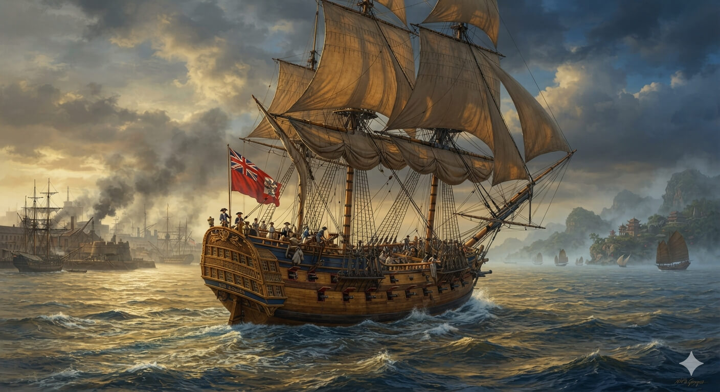 A dramatic, cinematic wide-angle digital painting illustrating 18th-century global trade. In the foreground, an elegant, multi-decked British and Parsi wooden warship built of rich, golden-brown Malabar teak sails dynamically through the choppy, sun-drenched waters of the Arabian Sea. In the background, low-hanging, atmospheric clouds of gray smoke blend with the misty horizon, framing the distant, faint outlines of the industrial Bombay Dockyard and the exotic Canton coastline. Dramatic, high-contrast chiaroscuro lighting, deep amber and navy blue color palette, hyper-realistic historical details, cinematic composition, 8k resolution.