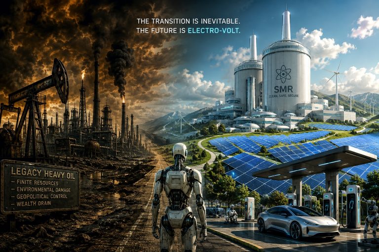 A cinematic, wide-angle concept art displaying a dramatic economic transformation. On the left side, a gritty, dark, atmospheric landscape of legacy heavy oil industry, with rusted oil rigs, towering chimneys billowing smoke into a stormy dark amber sky, symbolizing a wealth drain. On the right side, seamlessly blending forward, a breathtaking futuristic energy fortress under a clear blue sky. The futuristic side features gleaming white sleek Small Modular Nuclear Reactors (SMRs), a vast rolling valley covered in high-tech geometric solar panel arrays, and an automated charging plaza. In the center, a humanoid robot stands looking toward the futuristic grid, back to the viewer. High visual hierarchy, hyper-detailed, 8k resolution, crisp lighting contrast between the industrial past and the electro-volt future, sci-fi concept art style, masterfully rendered.
