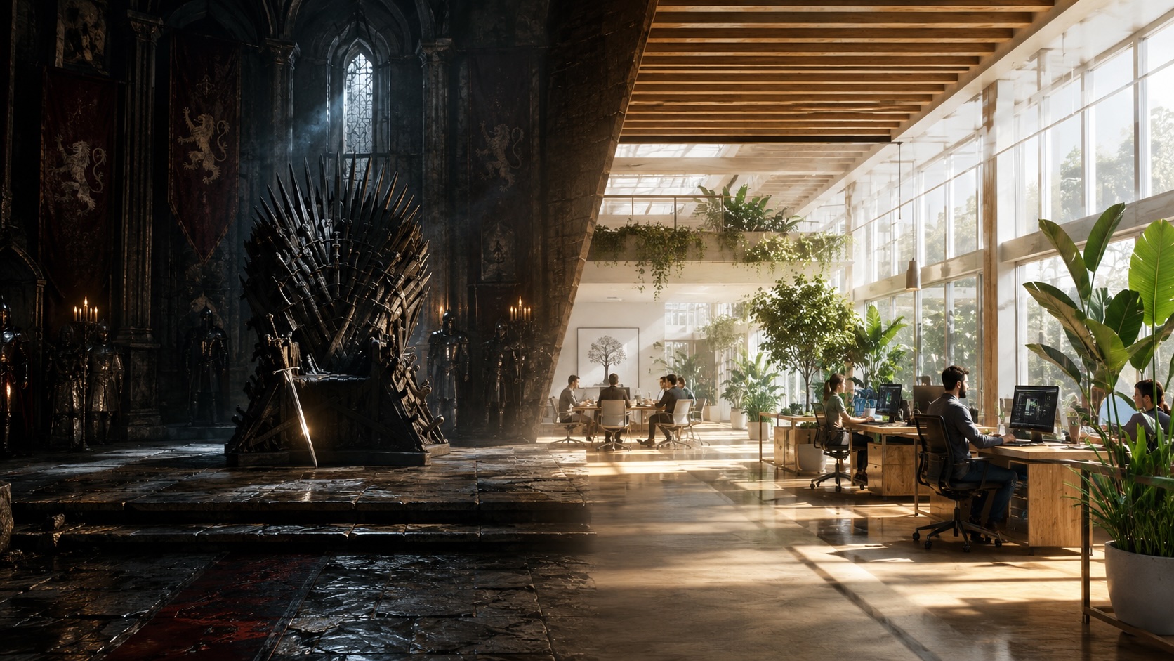 A dramatic, split-screen conceptual artwork illustrating human behavior shaped by environment. On the left side, a dark, intense, hyper-realistic medieval throne room represents a ruthless zero-sum survival system. Shadows loom heavily over a cold stone floor, with a sharp, glowing sword resting on an ornate, jagged iron throne, symbolizing imperial conflict and paranoia. On the right side, the scene seamlessly transitions into a bright, warm, and hyper-modern architectural workspace designed for collaboration. This modern side features clean lines, soft natural sunlight streaming through large glass windows, minimalist wooden desks, and vibrant green indoor plants, symbolizing psychological safety and growth. The entire composition has a cinematic, high-contrast, epic look, balancing a somber historical aesthetic on the left with a hopeful, welcoming, and productive design on the right. UHD, 8k resolution, photorealistic textures, 16:9 aspect ratio.